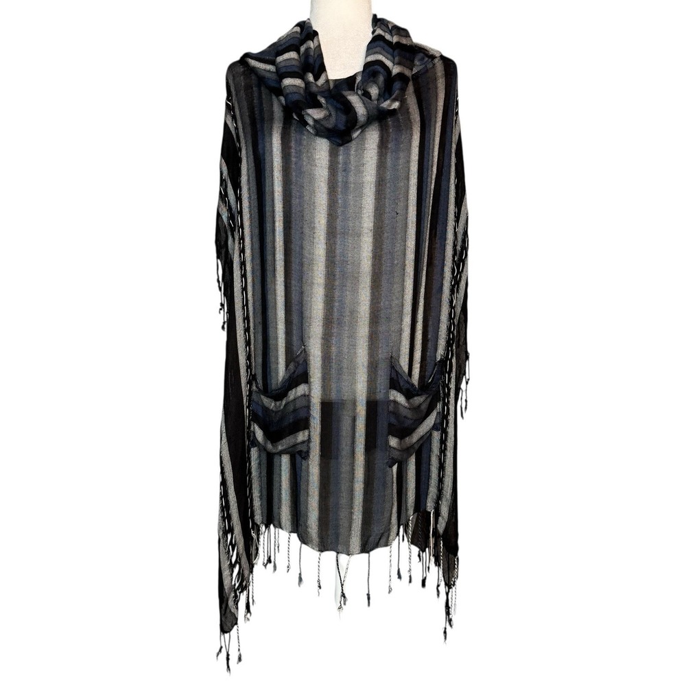 Free People One Size Cowl Neck Western Fringe Boho Poncho Distressed Tattered